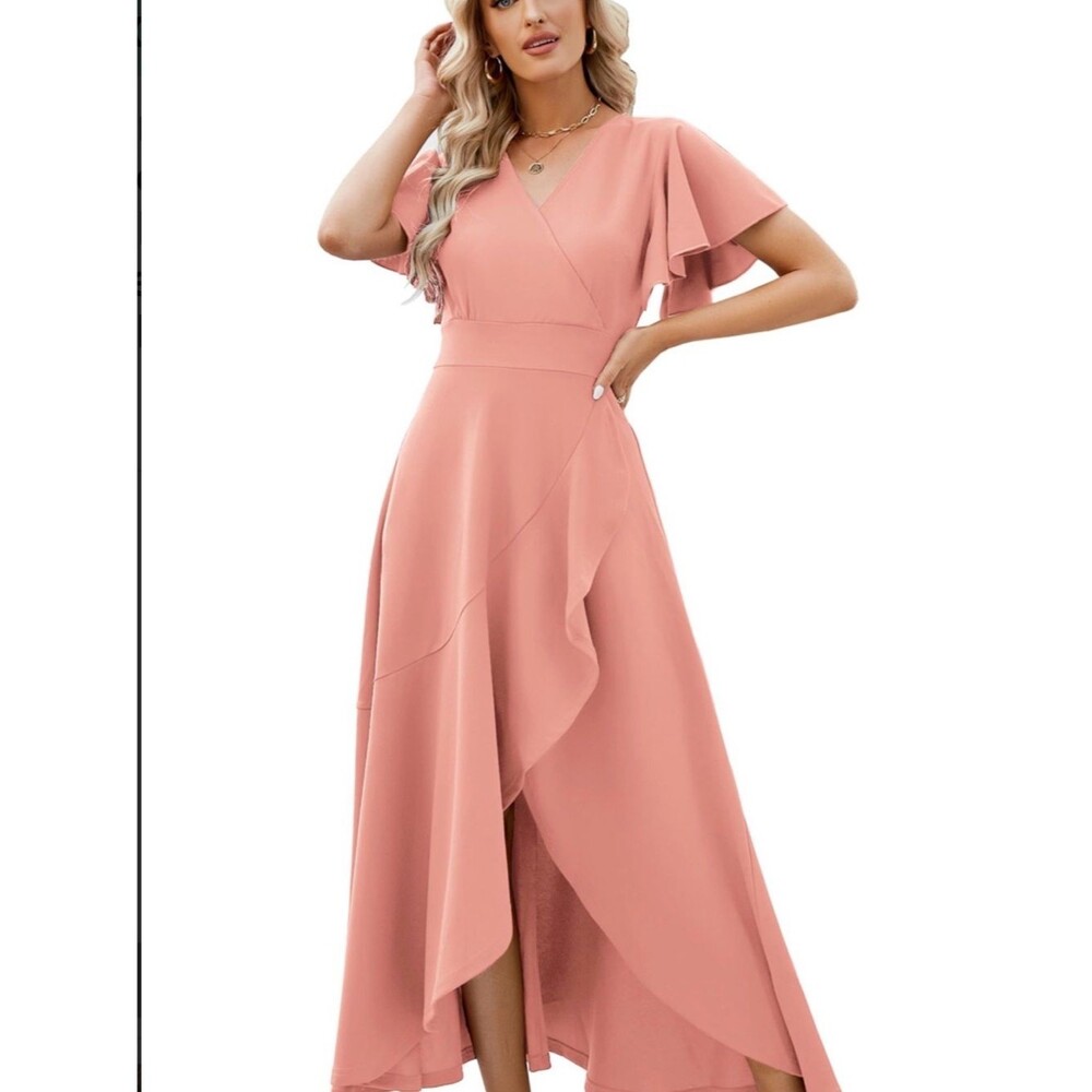 NWT ZZZV Women’s Blush Pink Faux Wrap Maxi Dress Flutter Sleeve Ruffle 3XL